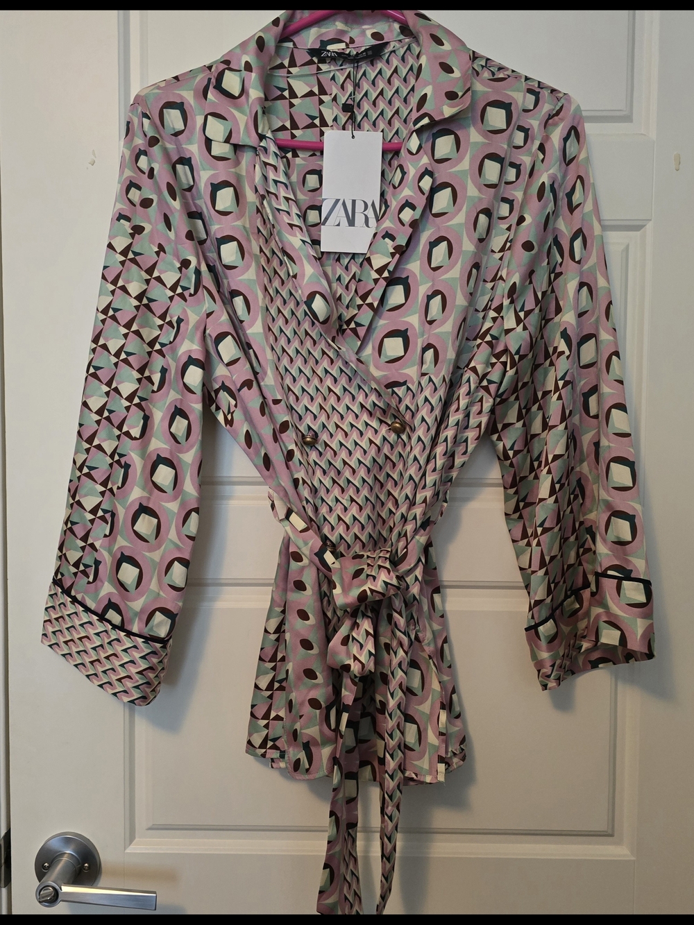 ZARA Pink, Mint & Brown Geometric Satin Top
